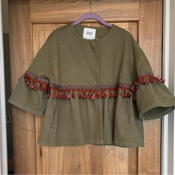 ZARA BASIC Dept. Z1975 DENIM Bell Sleeve Cotton Jacket W/ Fringe Trim L Olive - Picture 3 of 12